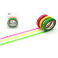 a package of colorful tape and a roll of tape with three distinct colors: green, pink, and yellow.