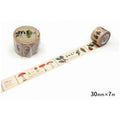 a roll of beige-colored tape with various illustrations of mushrooms and plants on it, along with a small round object. The tape is placed on a white surface, and there is a text indicating the size of the tape in millimeters and centimeters.