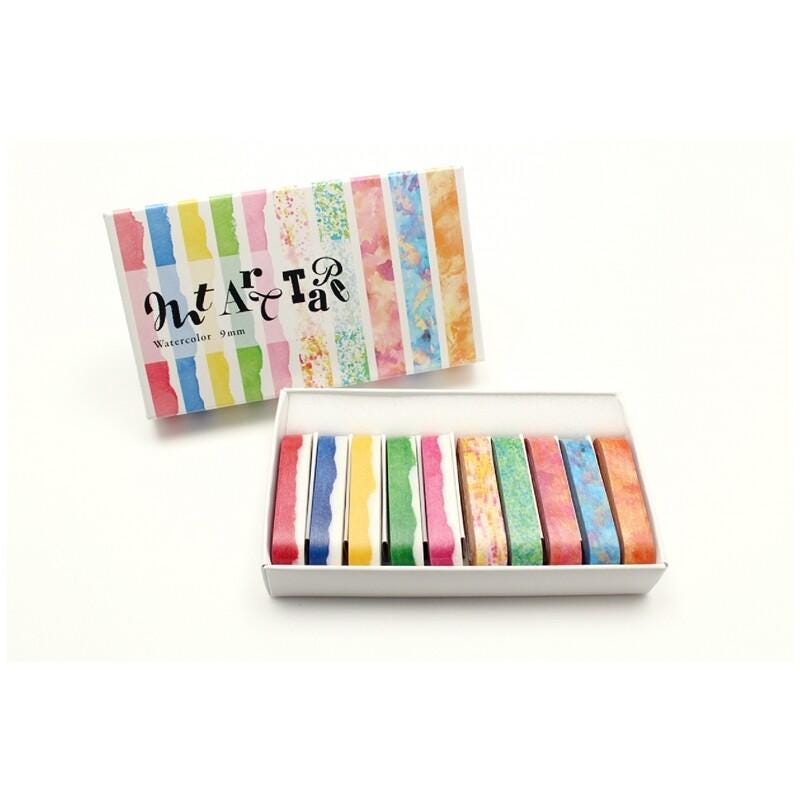 A box containing a set of colorful watercolor markers, with the box lid open to reveal the markers inside.