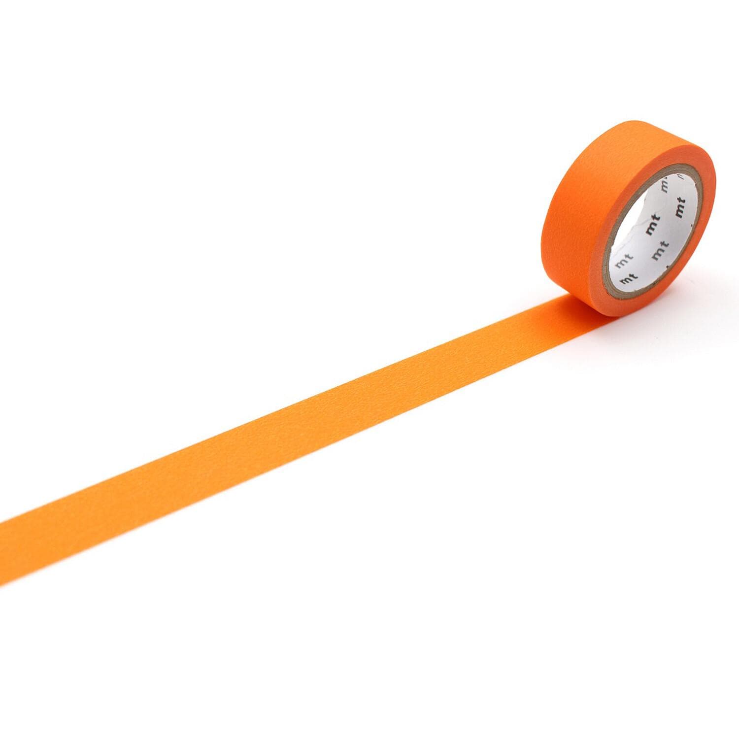 An orange roll of tape is lying on a white surface, with a single line of tape extending from the roll.