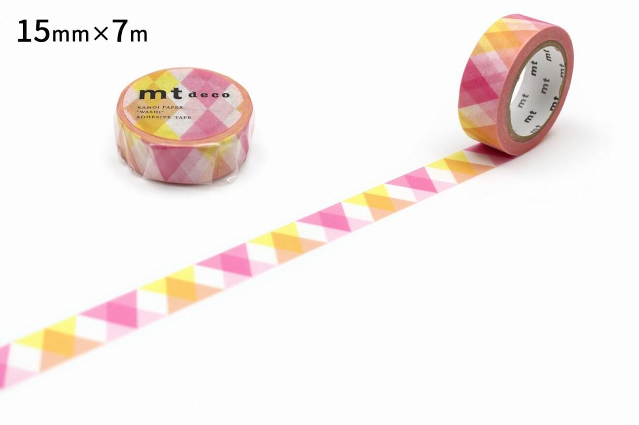 two rolls of pink and yellow patterned tape on a white background.