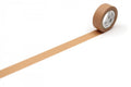 A roll of brown tape with a white pattern on it is placed on a white surface, with a long brown tape strip extending from the roll.