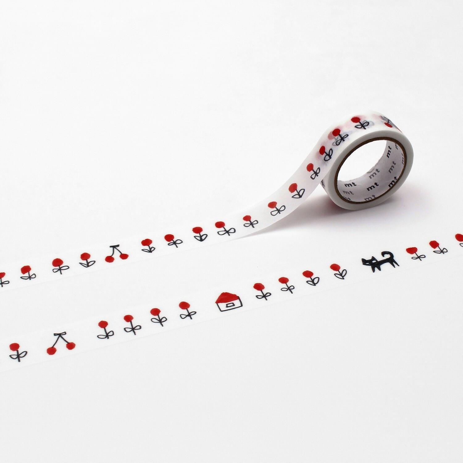 a roll of white tape with red and black designs, including a cat, flowers, and a house, arranged in a repeating pattern.