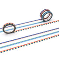 three rolls of colorful, patterned tape arranged on a white background.