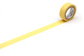 A yellow tape roll is lying on its side on a white background, with a single yellow line extending from the roll.