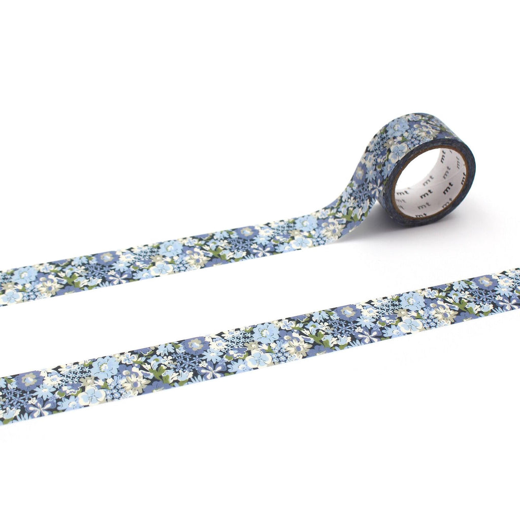 a roll of blue and white floral patterned tape on a white background.