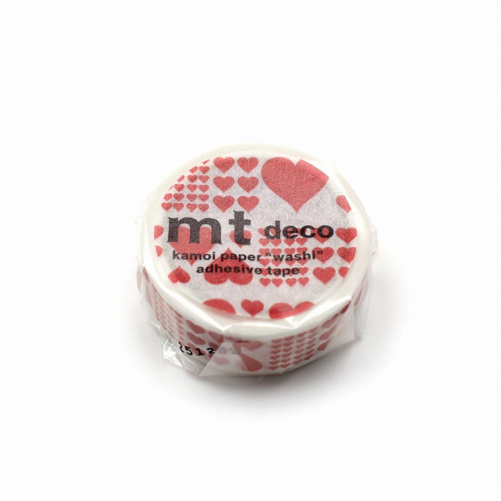 A round piece of kamor paper tape with a red heart pattern and the text "mt deco kamor paper washi adhesive tape" printed on it.