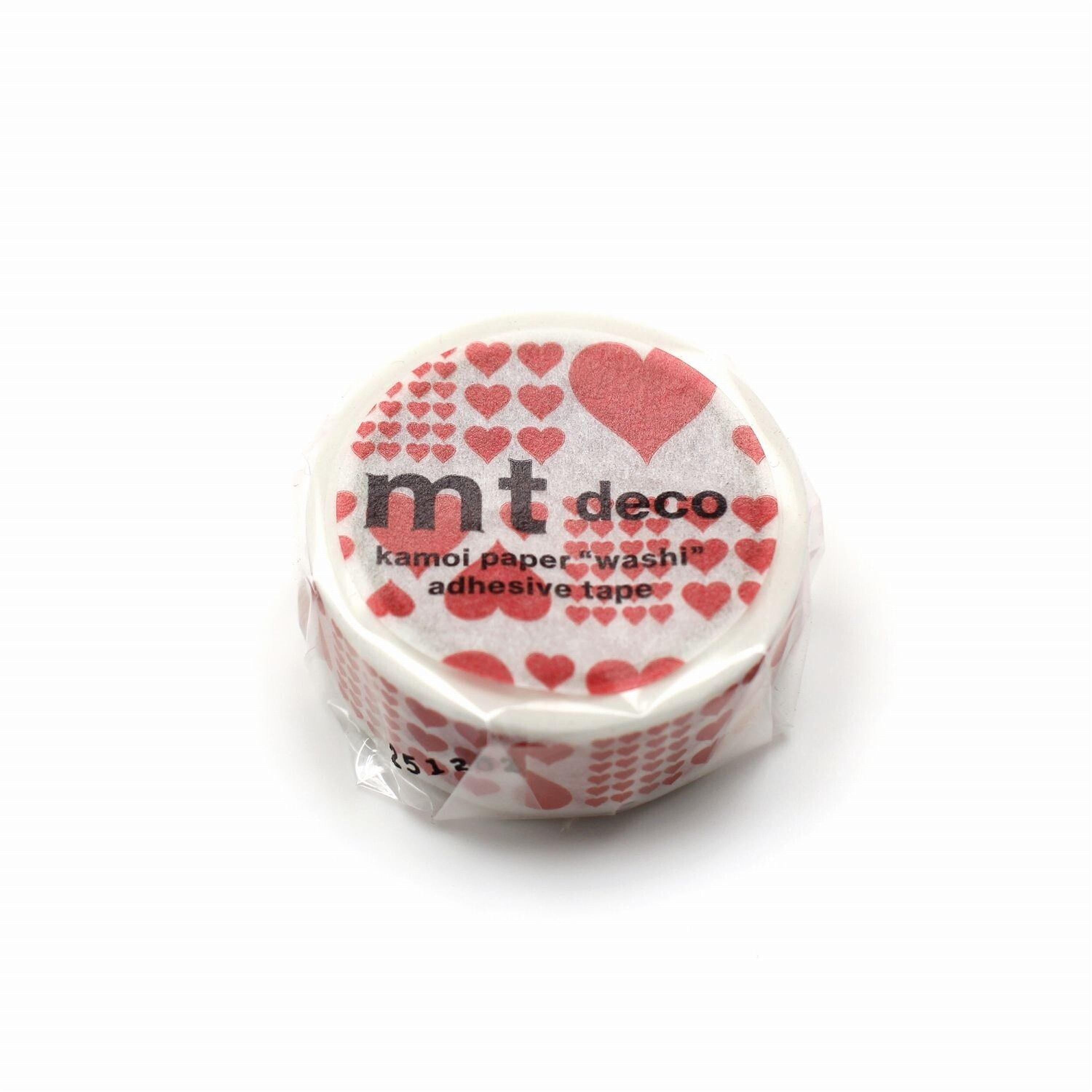 A round piece of kamor paper tape with a red heart pattern and the text "mt deco kamor paper washi adhesive tape" printed on it.