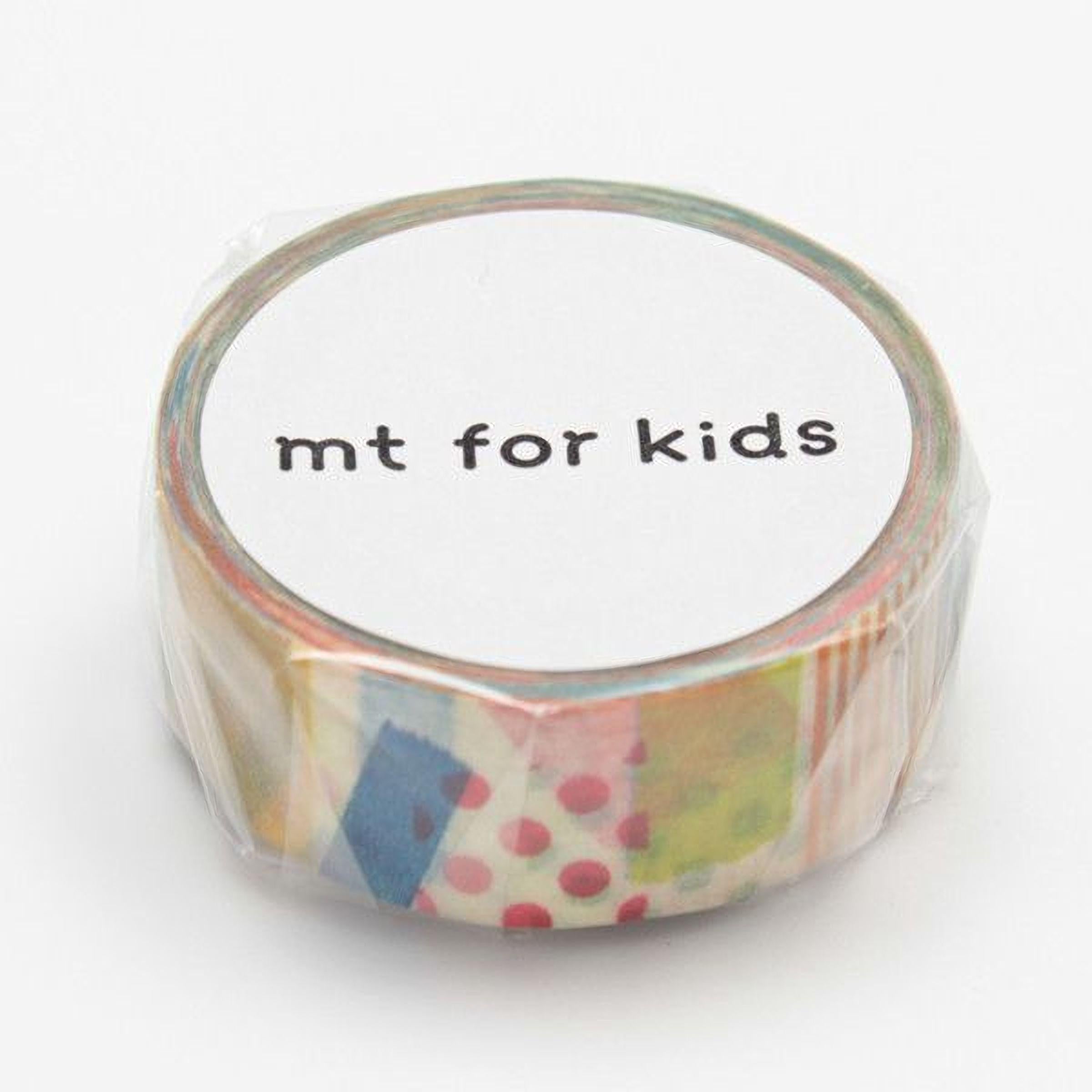 A roll of colorful patterned tape with the text "mt for kids" printed on it.