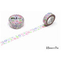 two rolls of washi tape with a colorful pattern of stars and flowers on them. The tape is placed on a white background, and there is a text indicating the size of the tape.
