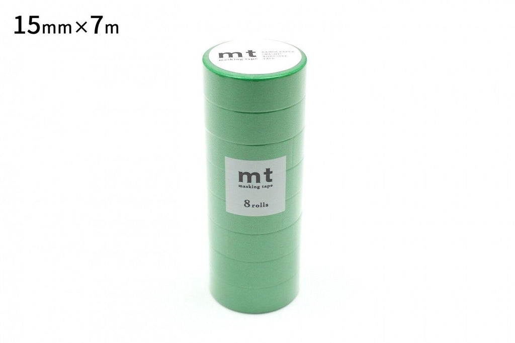 A stack of green rolls of masking tape, with a label indicating the size and brand.