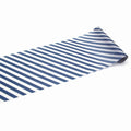 A roll of blue and white striped paper against a white background.
