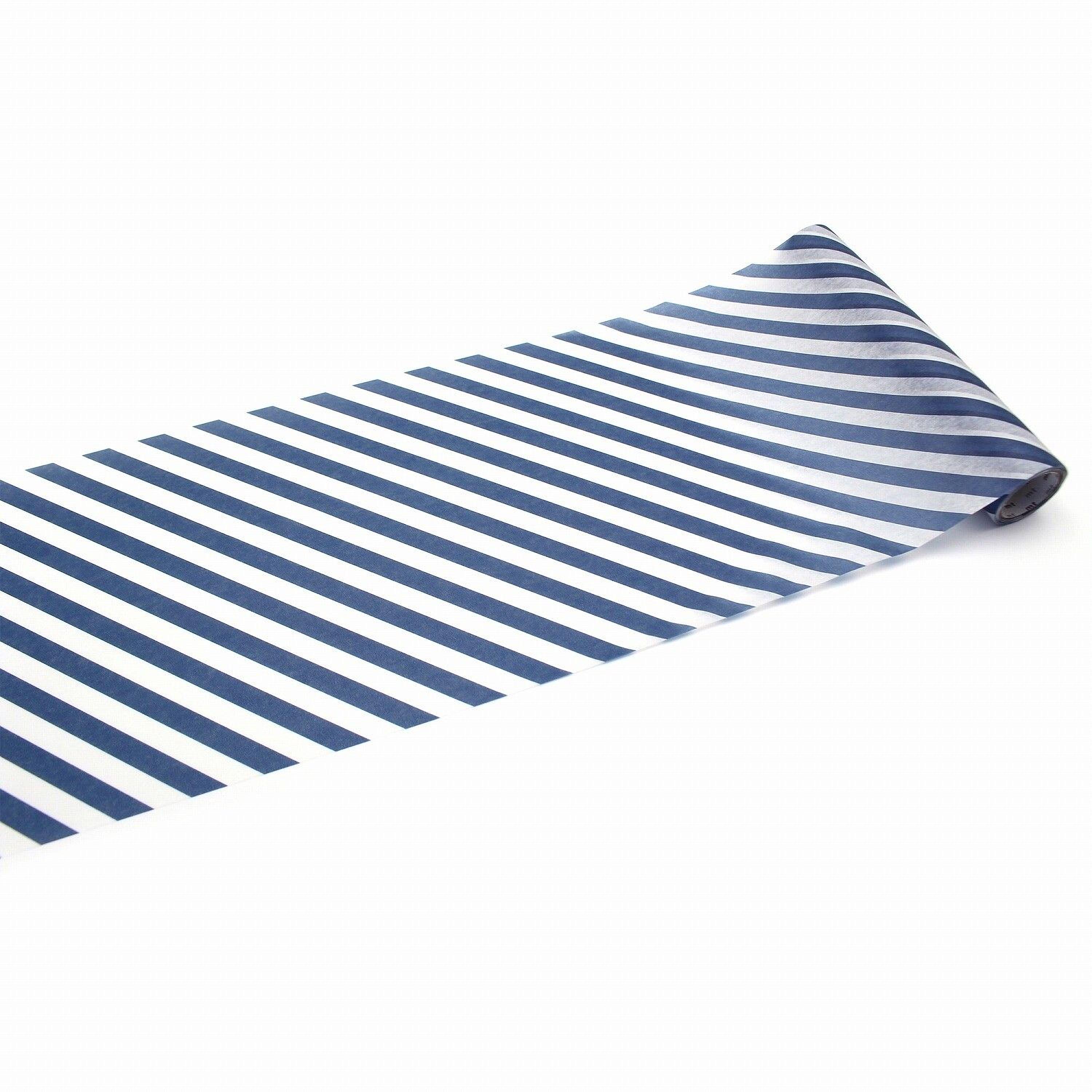 A roll of blue and white striped paper against a white background.
