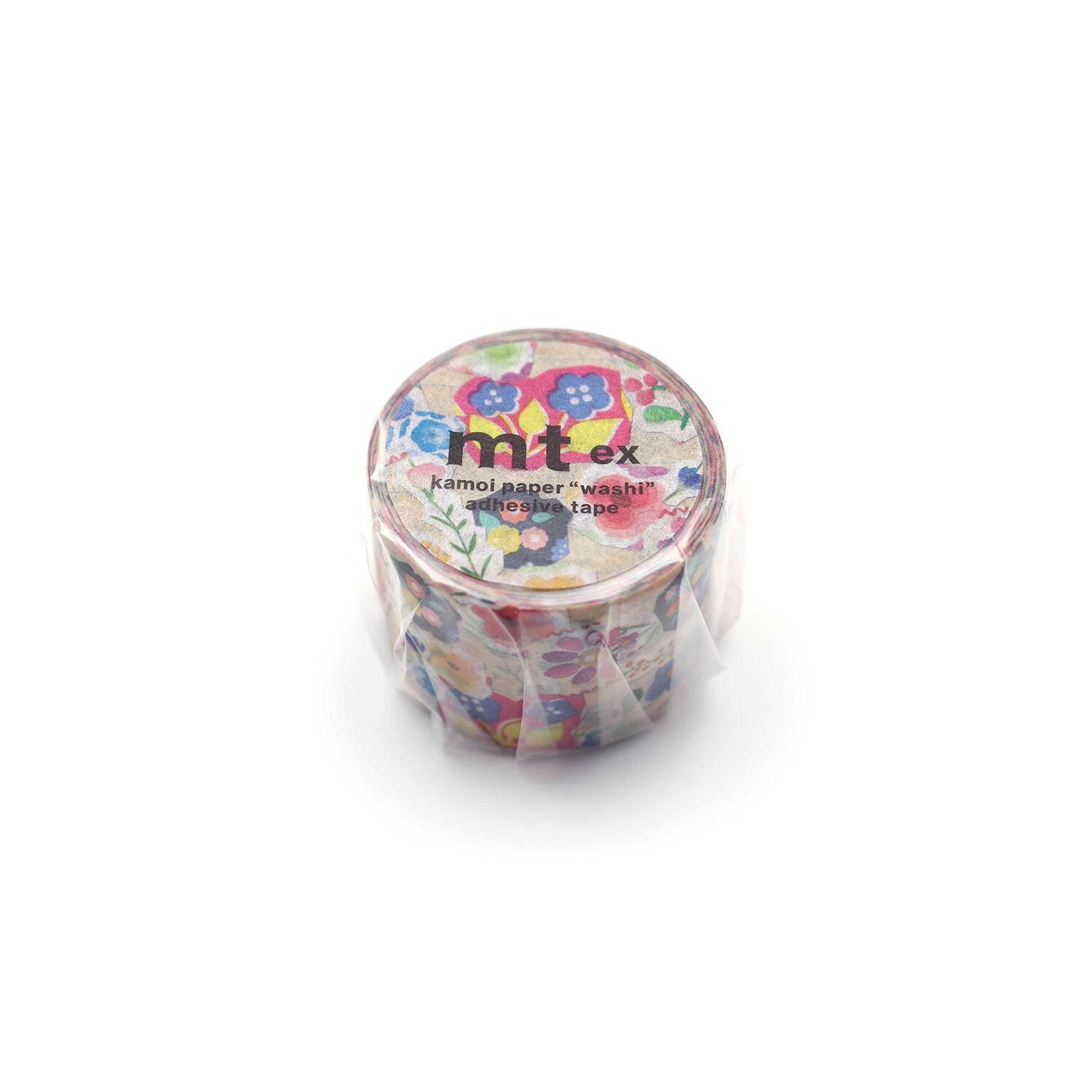 A round, colorful, and patterned tape roll with a floral design on it, sitting on a white background.