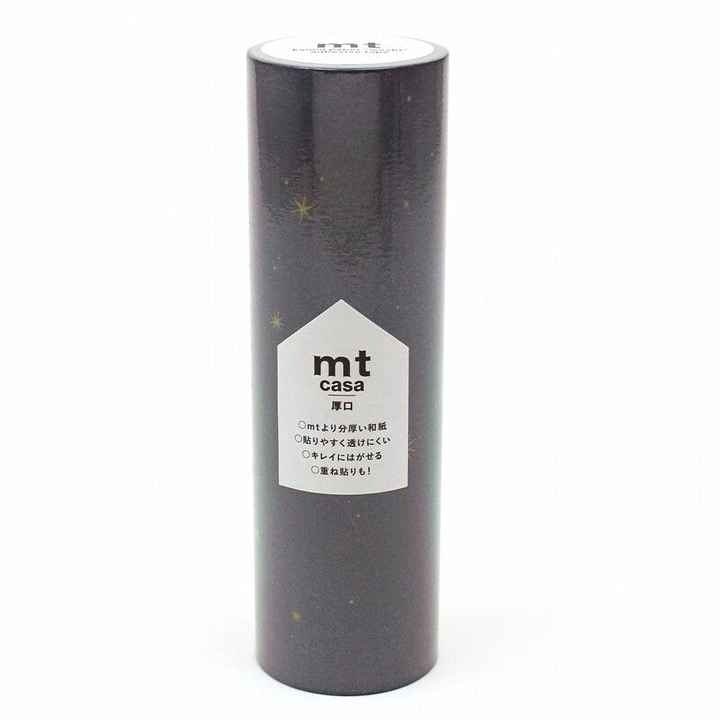 A cylindrical container with a black and white label that reads "mt casa" and has Japanese text on it.