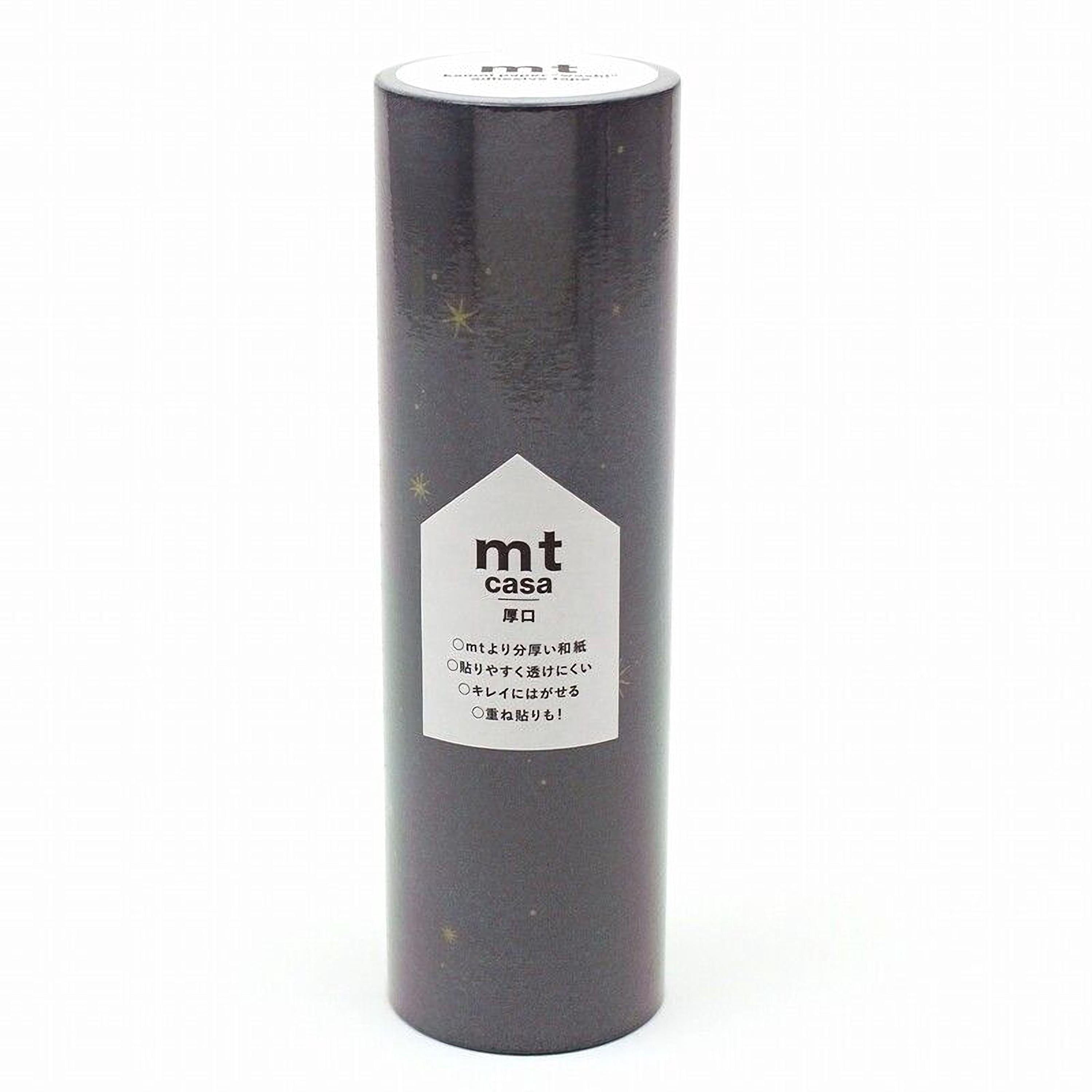 A cylindrical container with a black and white label that reads "mt casa" and has Japanese text on it.