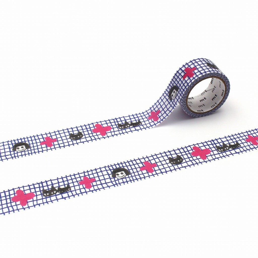 a roll of patterned tape with a checkered grid design and pink and black cat-like figures on it.