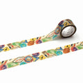 a roll of colorful tape with various travel-related stickers and illustrations on it.