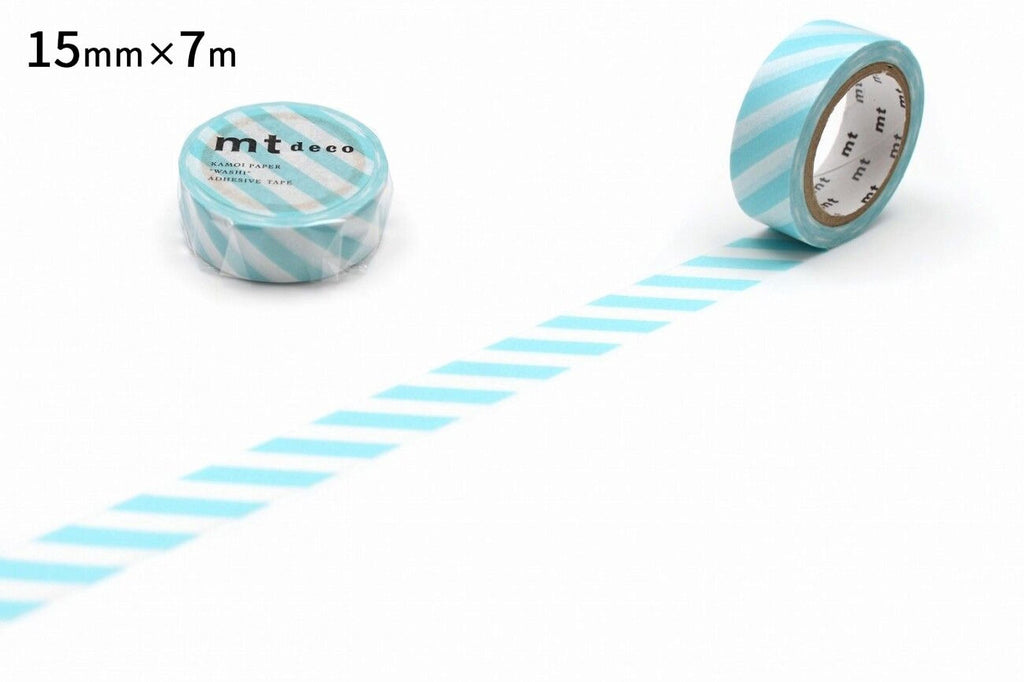 a roll of blue and white striped tape on a white background, with a strip of tape on the floor.