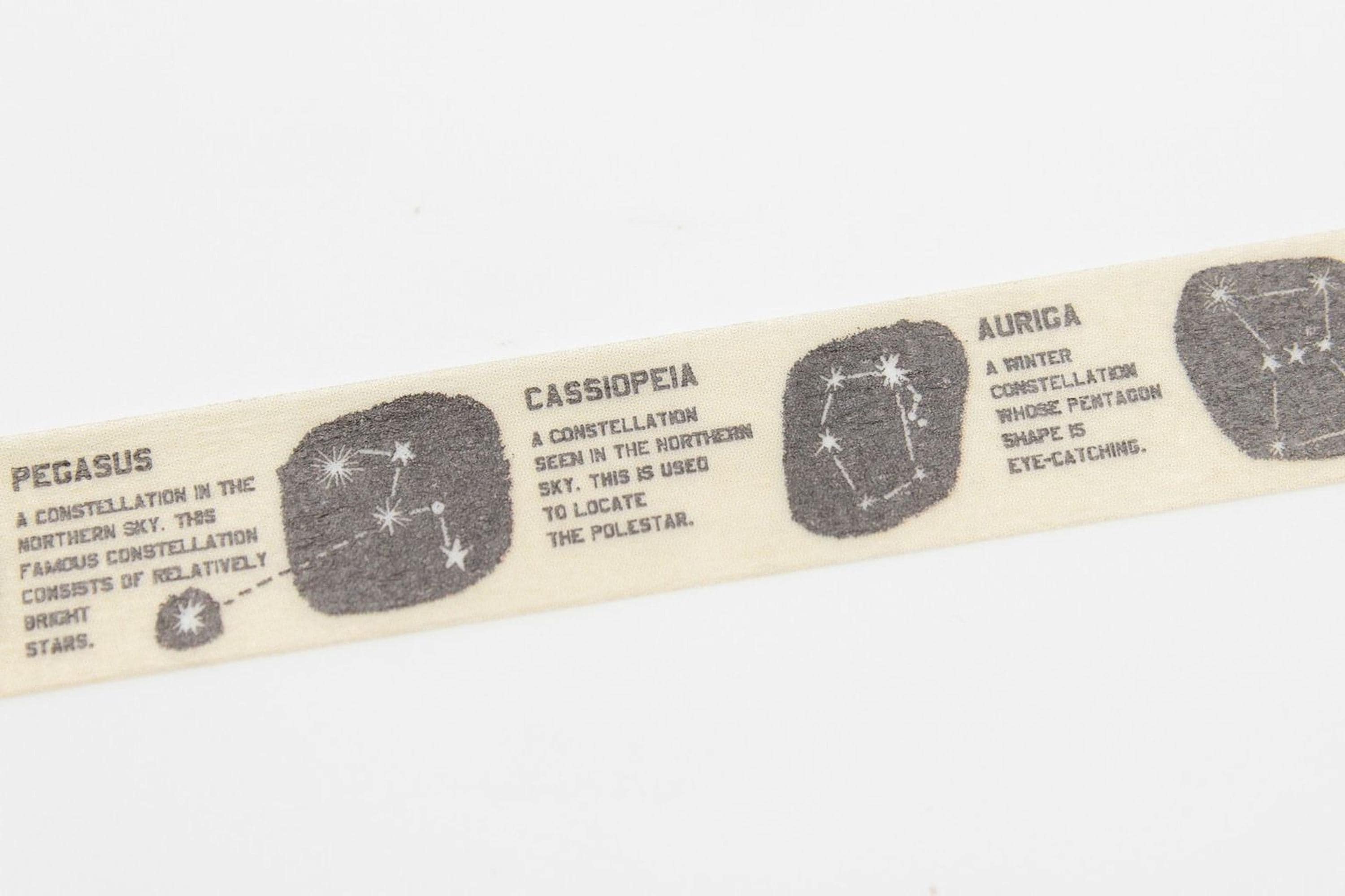 The image is a printed label or ribbon with information about different constellations, including their names and descriptions.