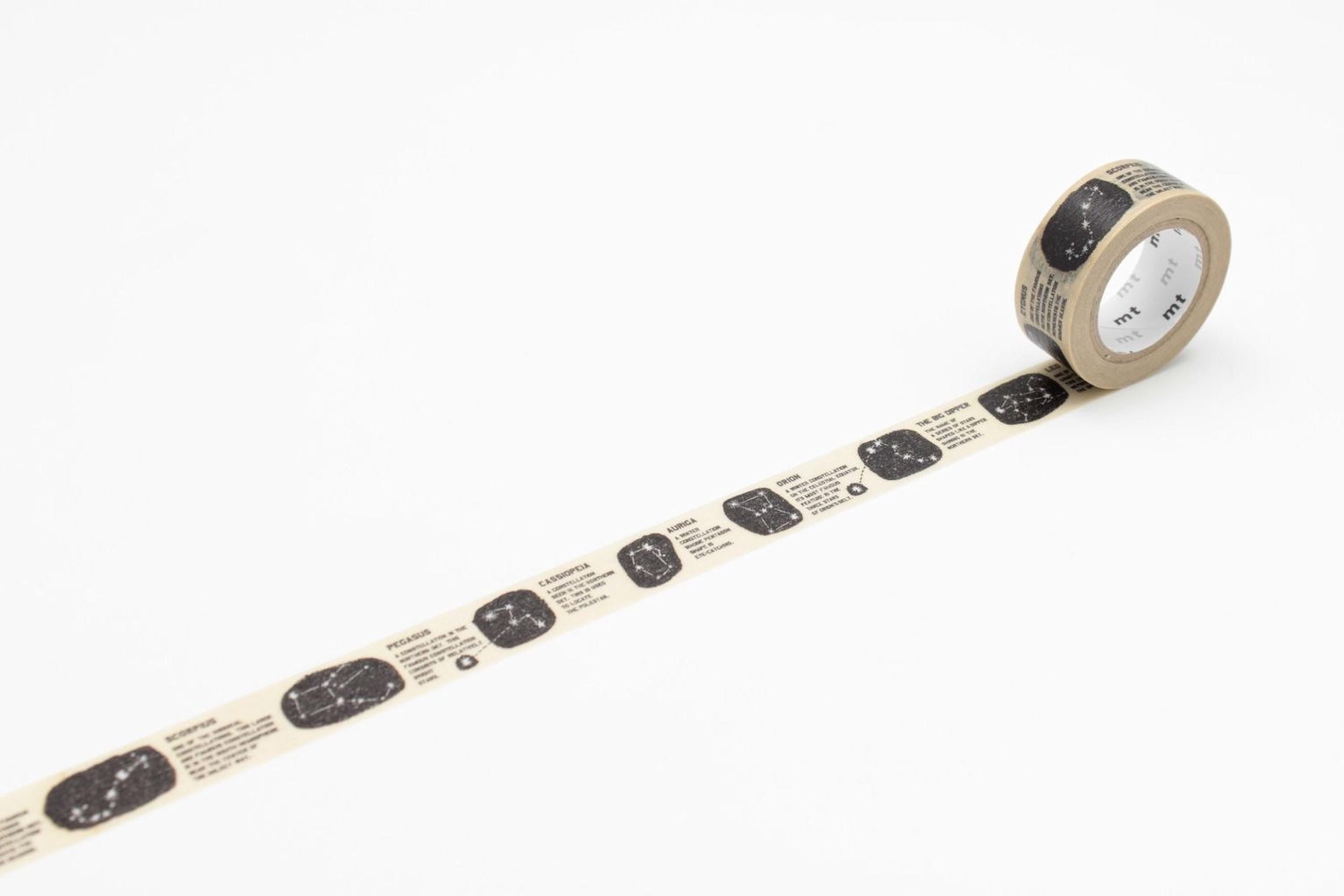 A roll of black and white star-patterned tape on a white background.