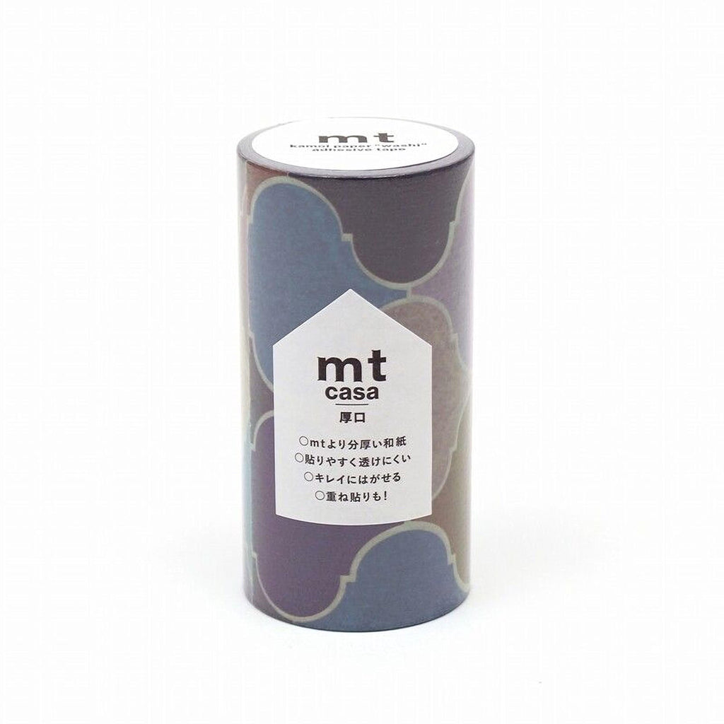 A cylindrical container with a patterned design, featuring the text "mt casa" and some Japanese text.