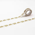 a roll of white tape with a repeating pattern of gold and white designs, including a sloth, on it.