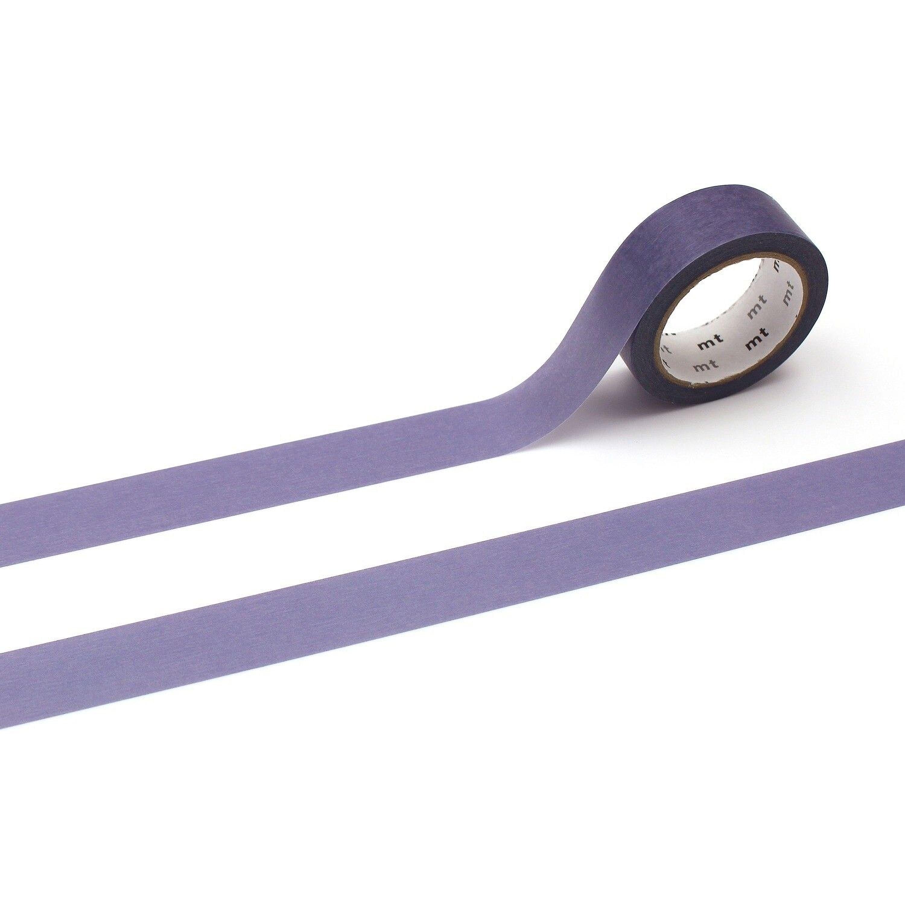 A roll of purple washi tape with a white center is shown against a white background.
