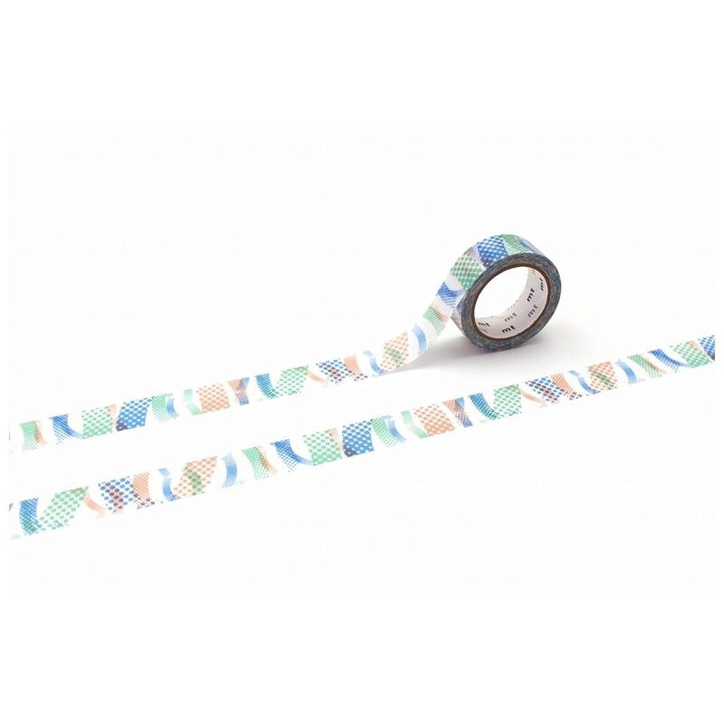 a roll of patterned tape with a colorful design on it, lying on a white surface.