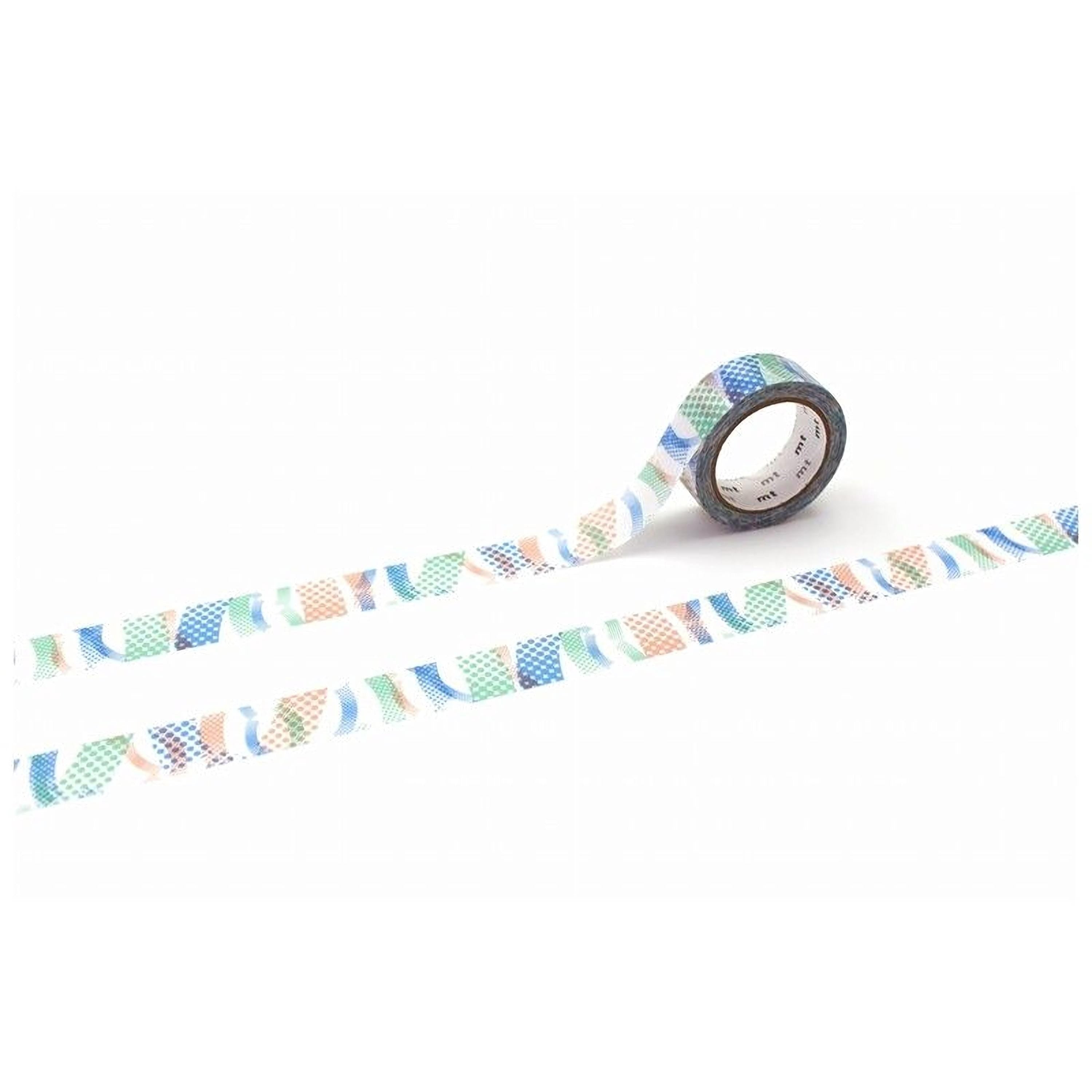 a roll of patterned tape with a colorful design on it, lying on a white surface.