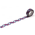 A roll of patterned tape with a repeating floral design in shades of blue and red.