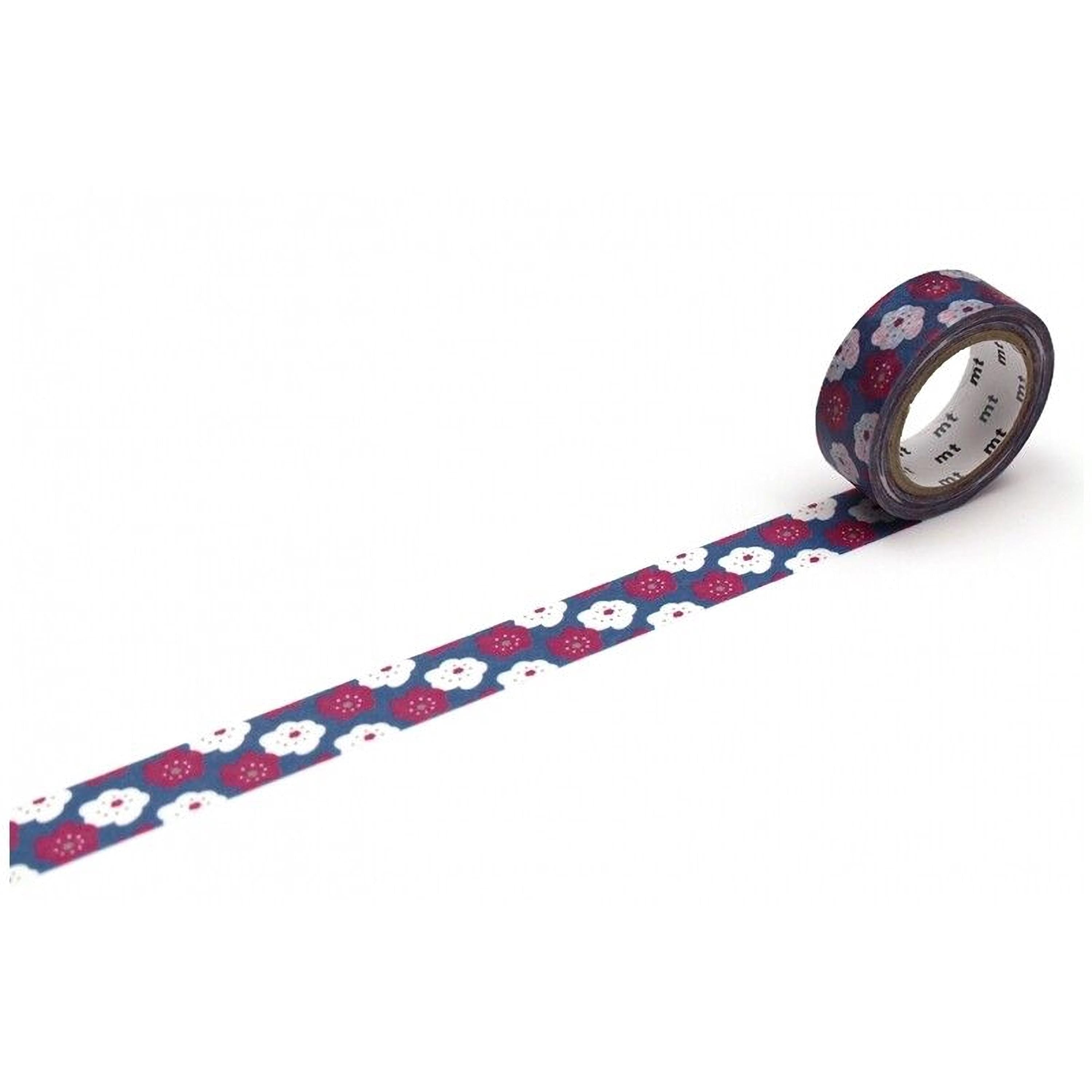 A roll of patterned tape with a repeating floral design in shades of blue and red.