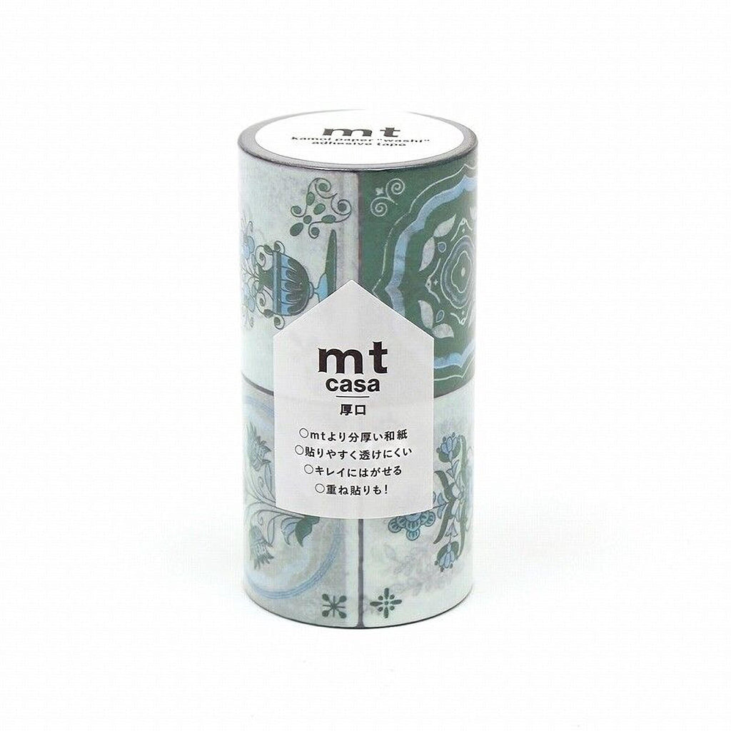 A cylindrical container with a patterned design, featuring the text "mt casa" and Japanese text.