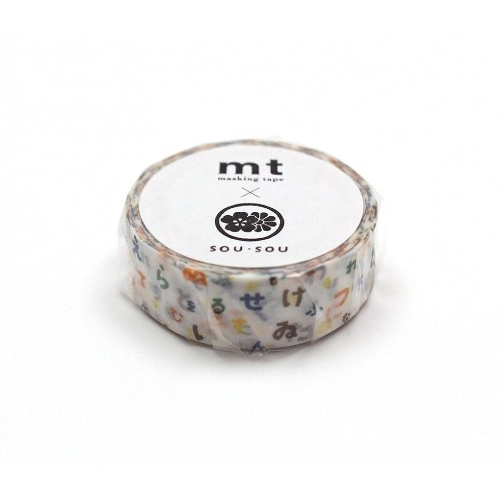 A roll of masking tape with a pattern of colorful letters and numbers on it.