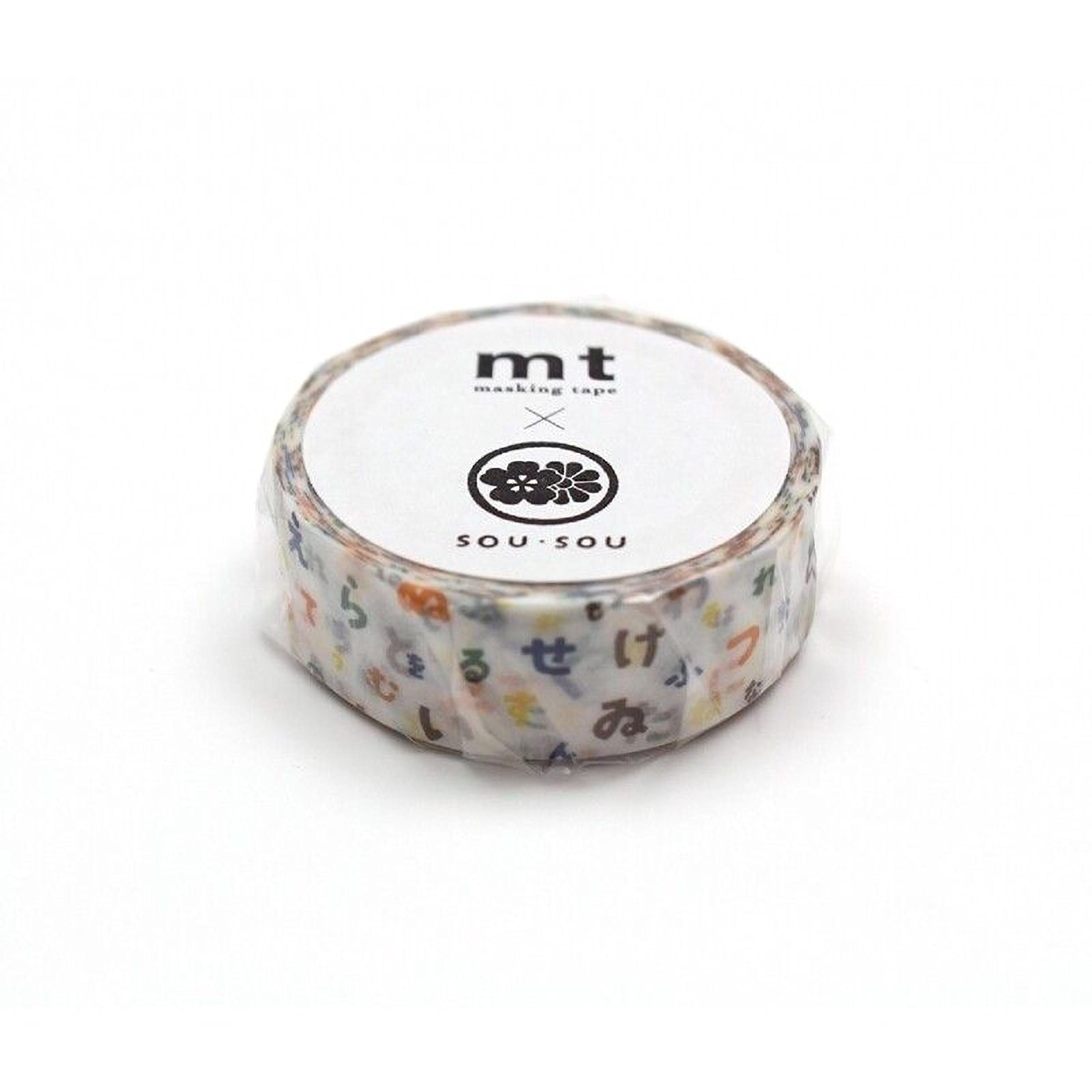 A roll of masking tape with a pattern of colorful letters and numbers on it.