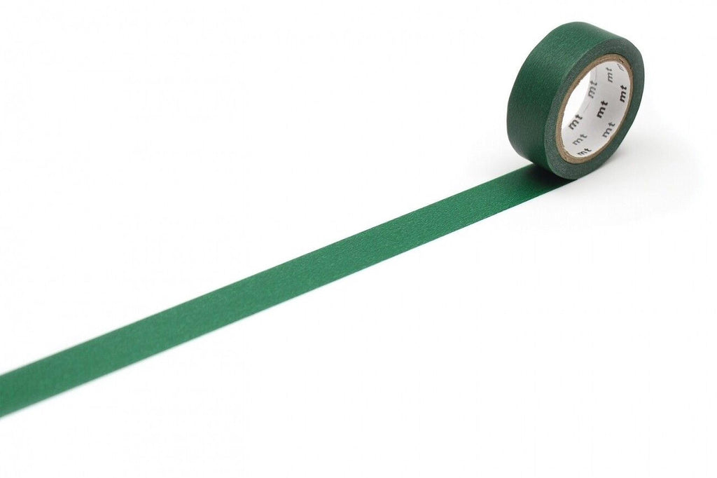 A roll of green tape with a white pattern on it is placed on a white surface, with a green line extending from the tape.