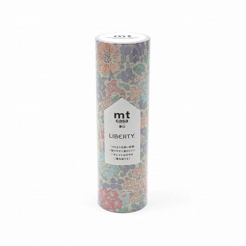 A cylindrical container with a floral pattern and text on it.