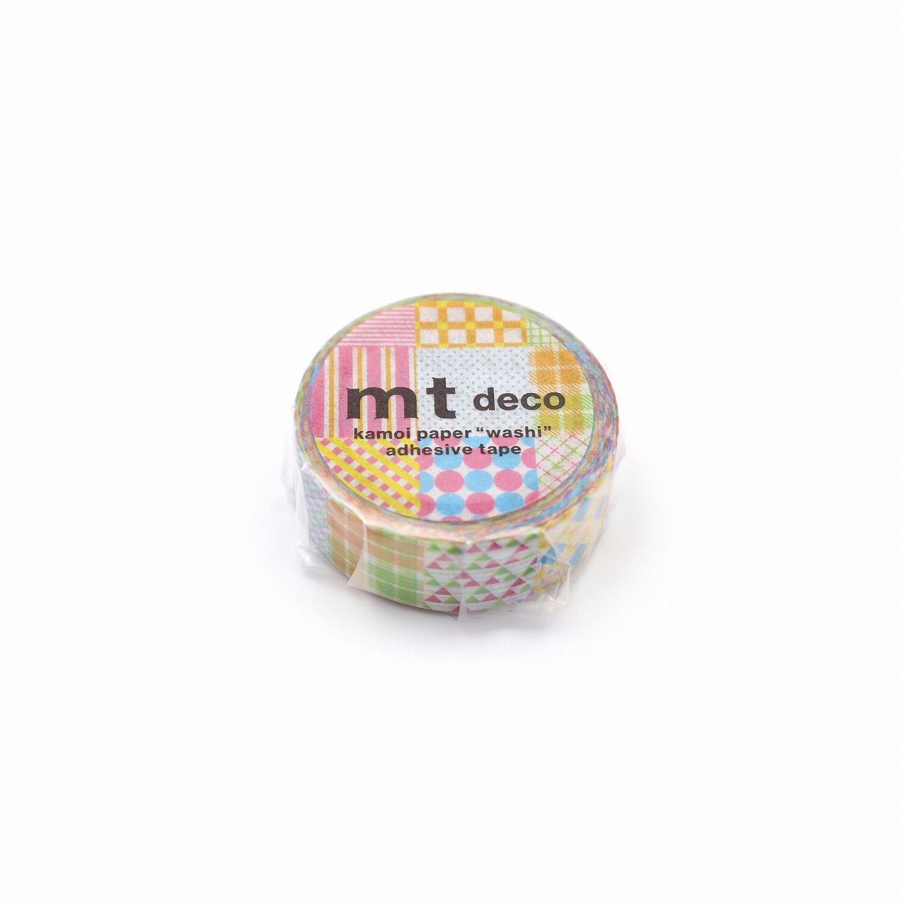 A round, colorful, and patterned tape roll with the text "mt deco" printed on it.