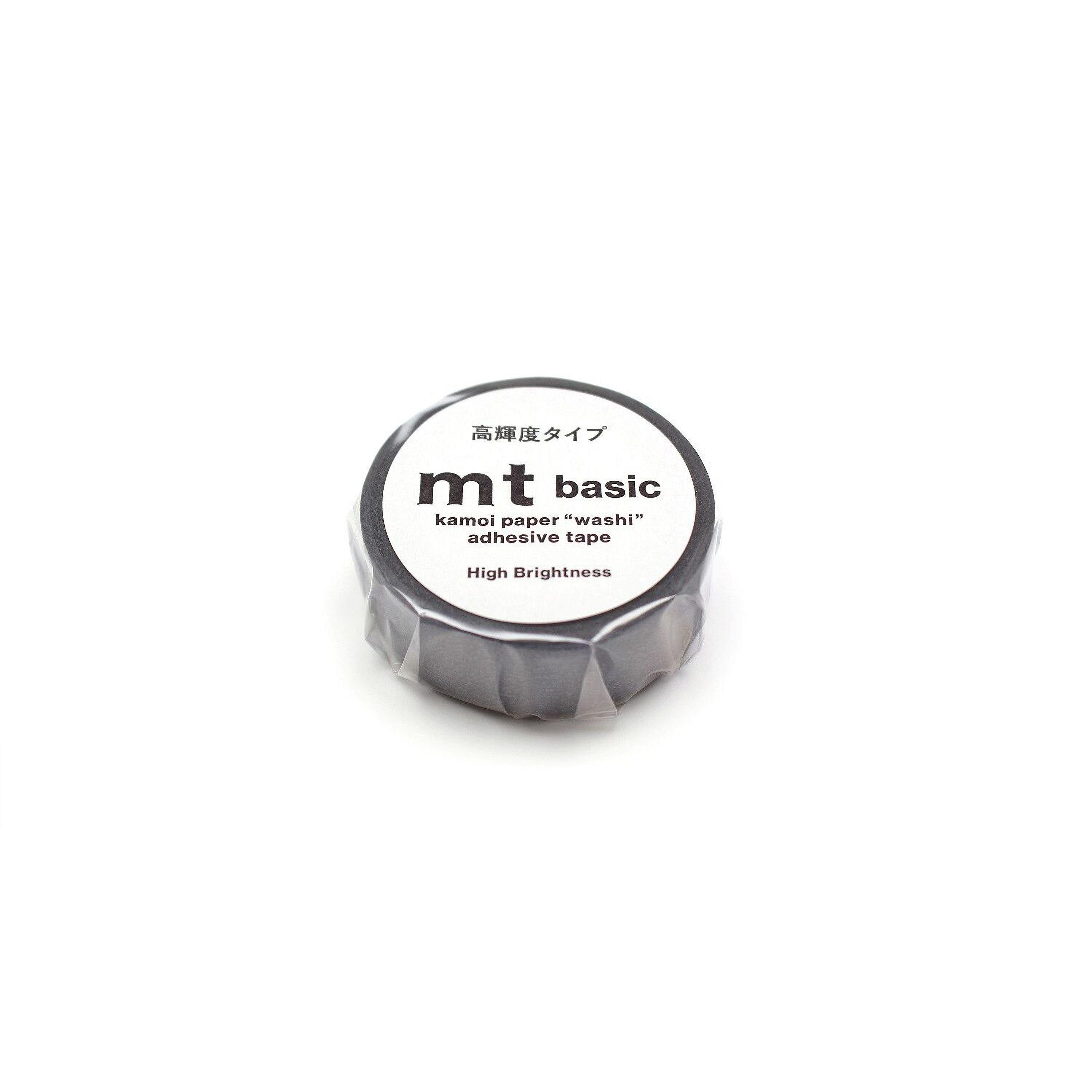 A roll of black and white washi tape with the text "mt basic kamol paper "washi"" and "high brightness" printed on it.