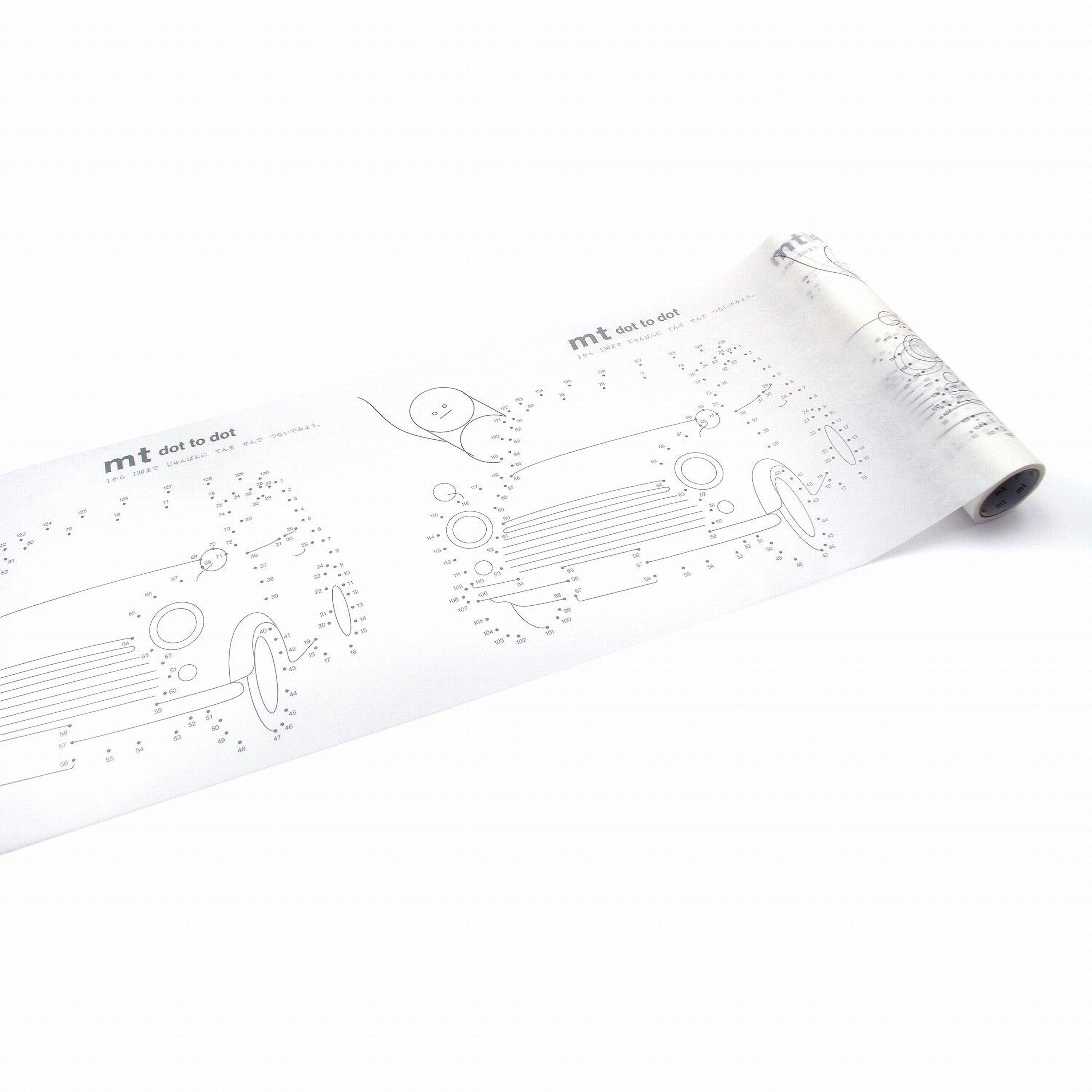 The image is a roll of paper with a dot to dot activity, featuring a car and a person.