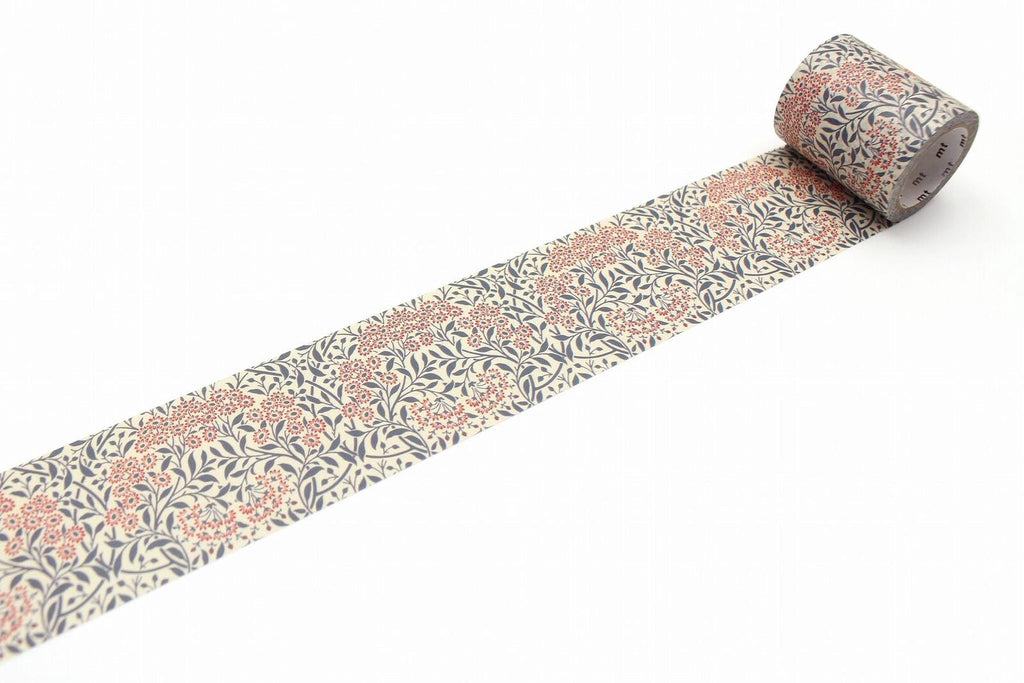 A roll of patterned tape with a floral design in shades of blue and orange.