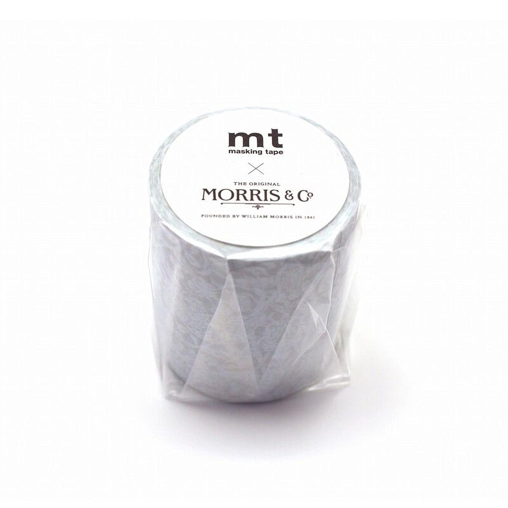 A roll of gray tape with a white label, featuring the text "mt masking tape" and "The original MORRIS & CO" printed on it.