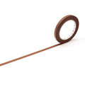 A roll of brown tape is lying on its side on a white background.