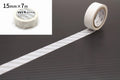 a roll of white tape with a label, placed on a black surface. The tape is described as "15mm x 7m" and "MT deo" tape.