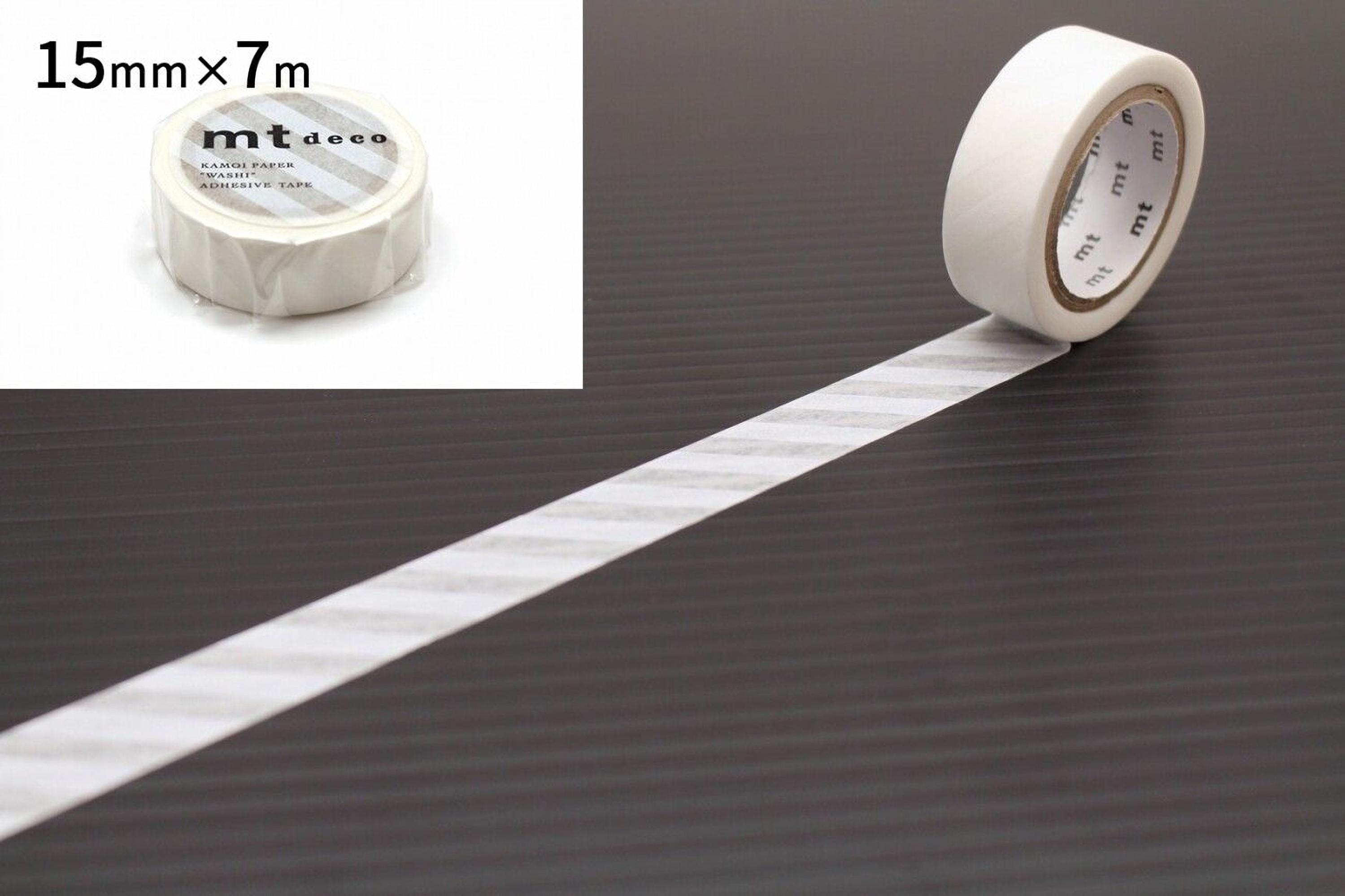 a roll of white tape with a label, placed on a black surface. The tape is described as "15mm x 7m" and "MT deo" tape.
