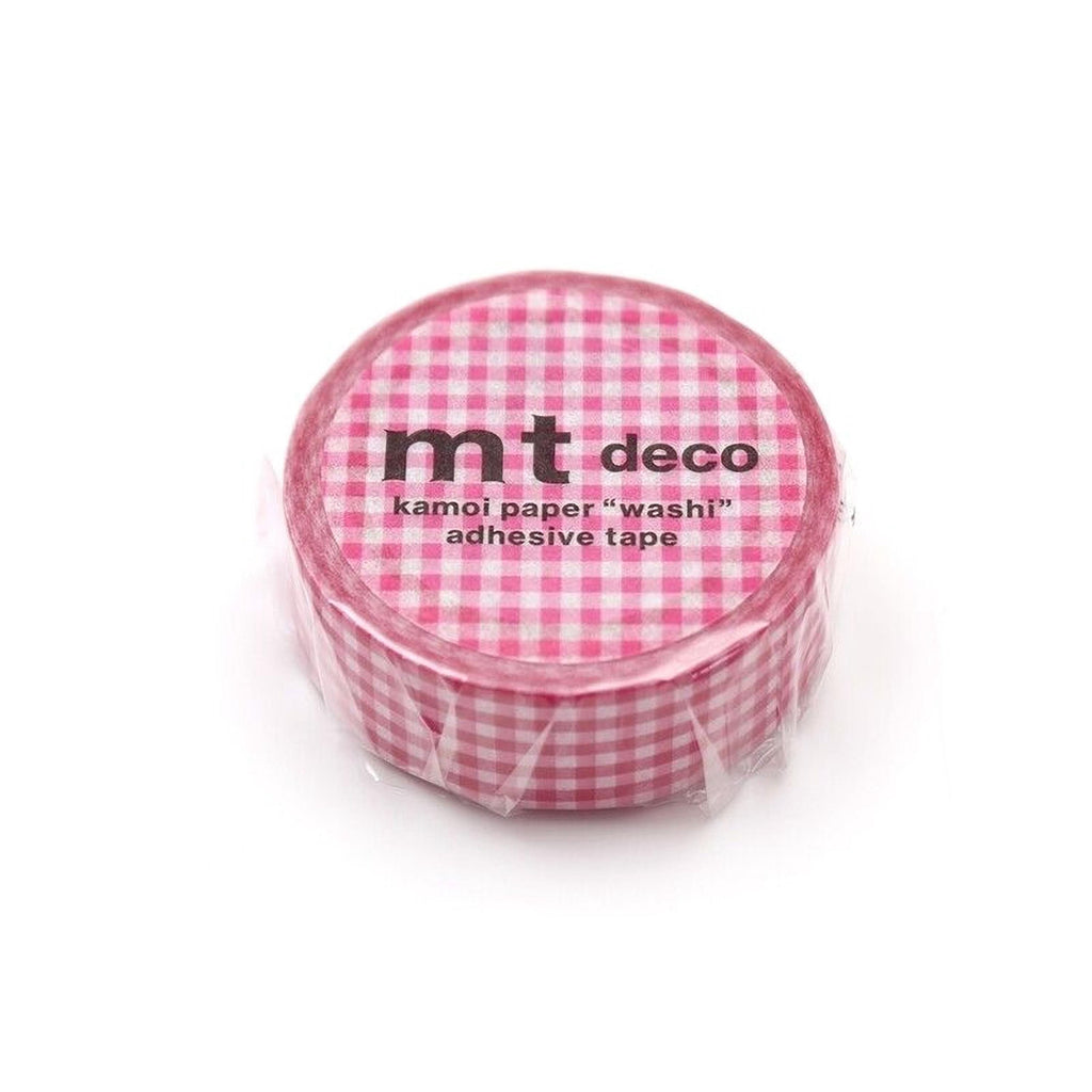 A pink and white checkered tape roll with the text "mt deco kamoli paper "washi" adhesive tape" printed on it.