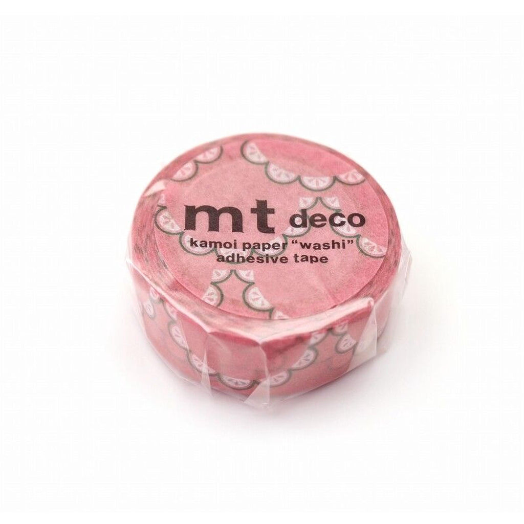 A pink circular object with a pattern of pink and green circles on it, and the text "mt deco kamoi paper "washi" adhesive tape" printed on it.