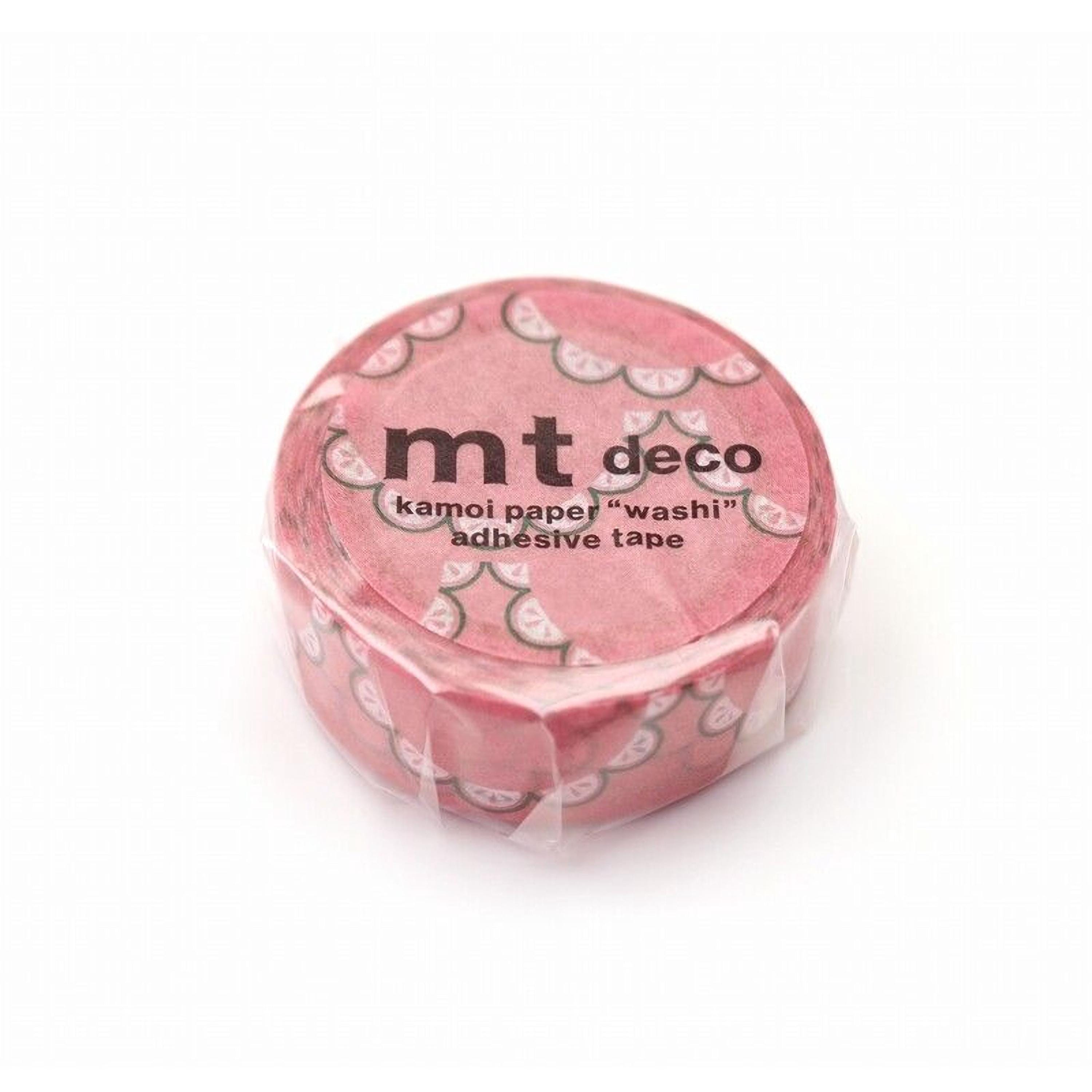 A pink circular object with a pattern of pink and green circles on it, and the text "mt deco kamoi paper "washi" adhesive tape" printed on it.