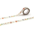 a roll of tape with a repeating pattern of colorful stickers or illustrations on it.