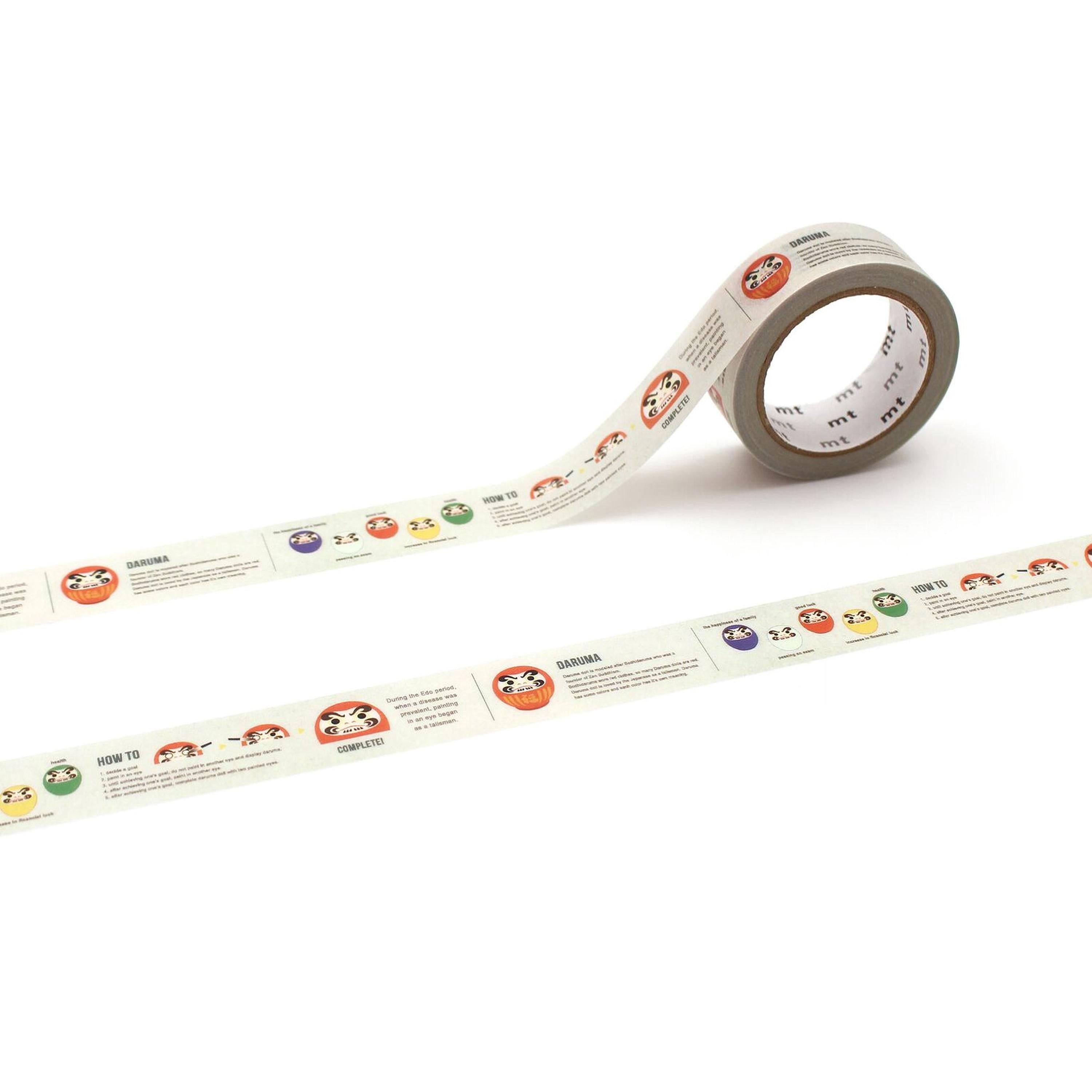 a roll of tape with a repeating pattern of colorful stickers or illustrations on it.